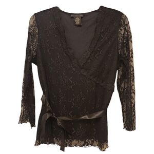 Apostrophe Blouse Top Women's L Black Lace 100%Polyester V-Neck Long Sleeves